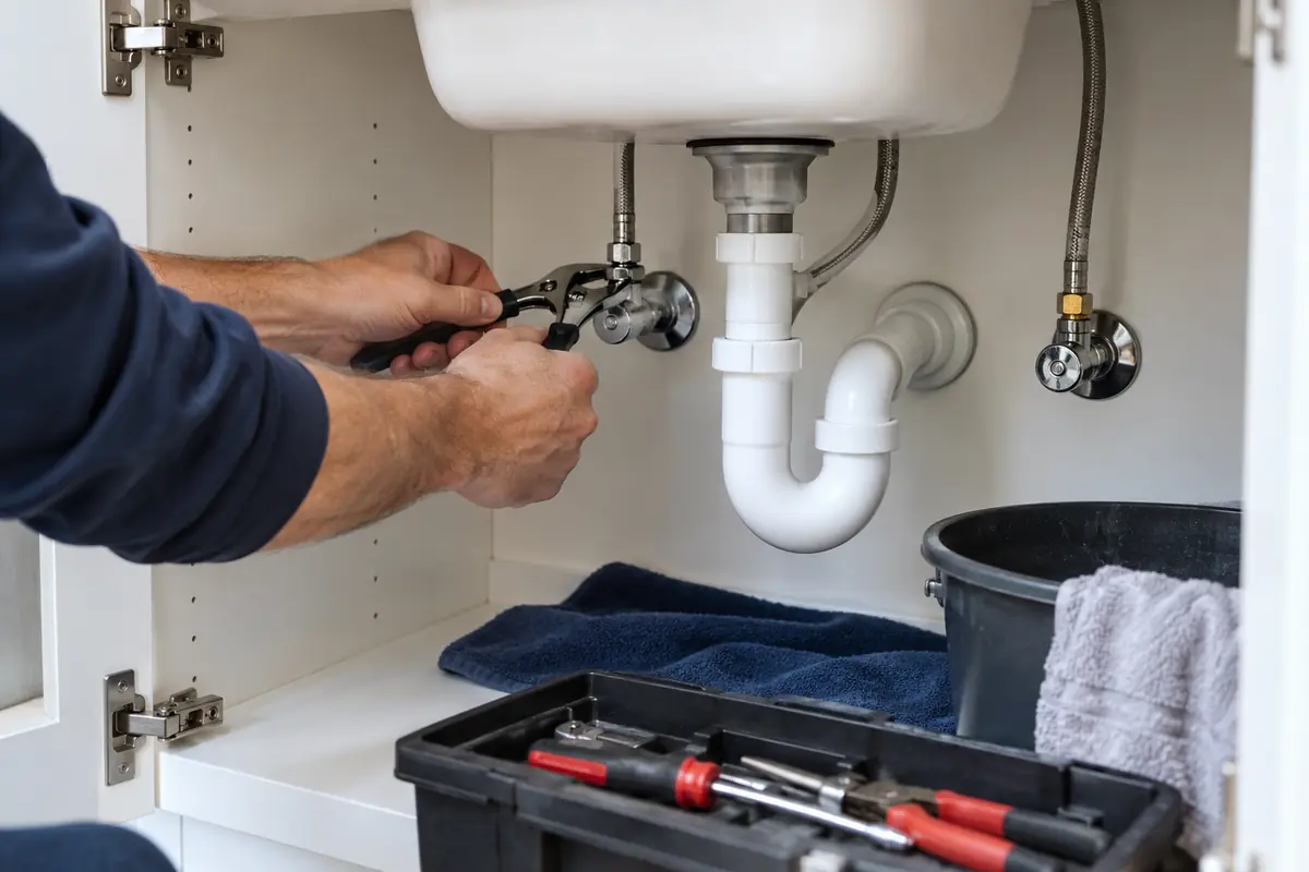 AI illustration: hands tightening the supply connection under a kitchen sink