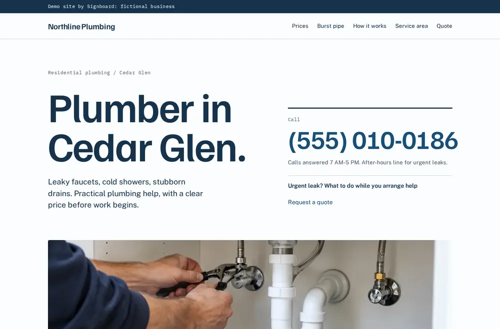 Desktop screenshot of the Northline Plumbing demo