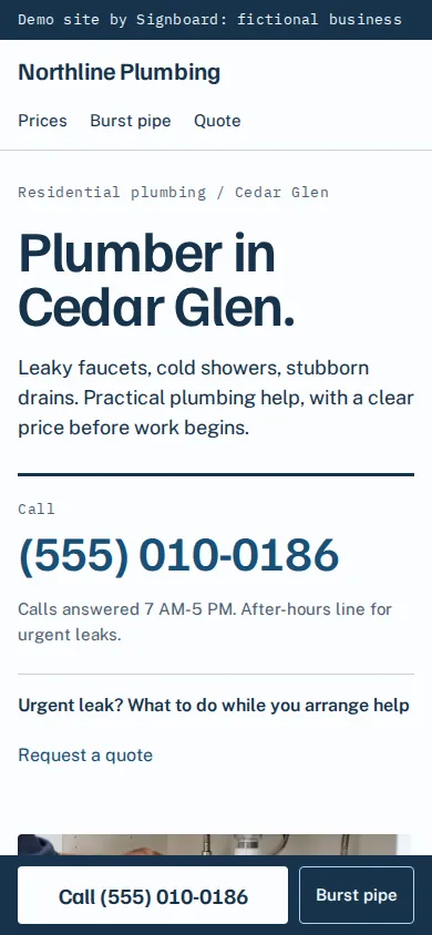 Phone screenshot of the Northline Plumbing demo